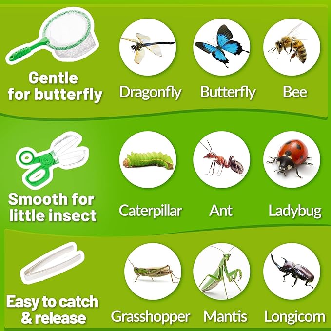 2 Set Bug Catcher for Kids- Educational Bug Catching Kit Including Butterfly Net, Insect Clip, Tweezer, Outdoor Toys for Kids Ages 3-10 (Pink & Green)
