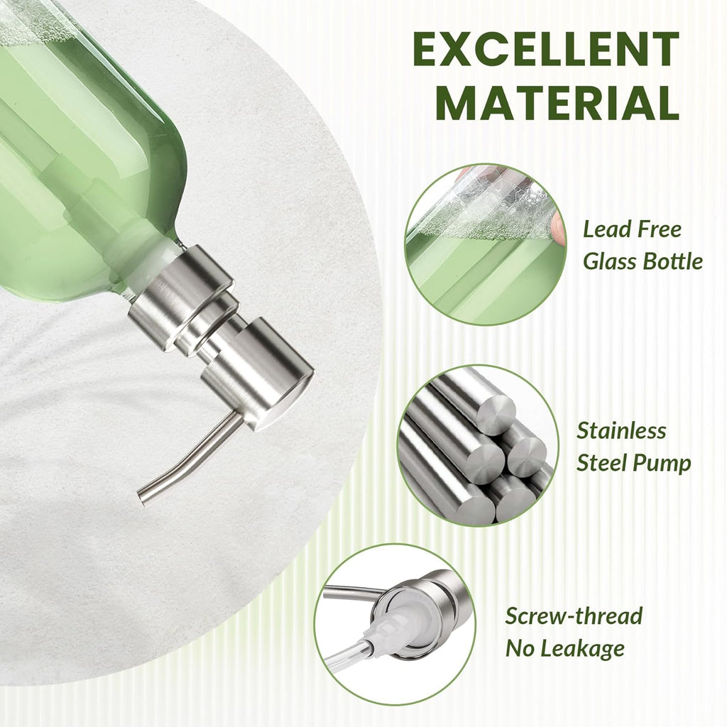 AmazerBath Soap Dispenser, 2 Pack Glass Soap Dispenser with Pump Stainless Steel, 17 Oz Hand Soap Bottles Bathroom Kitchen, Clear