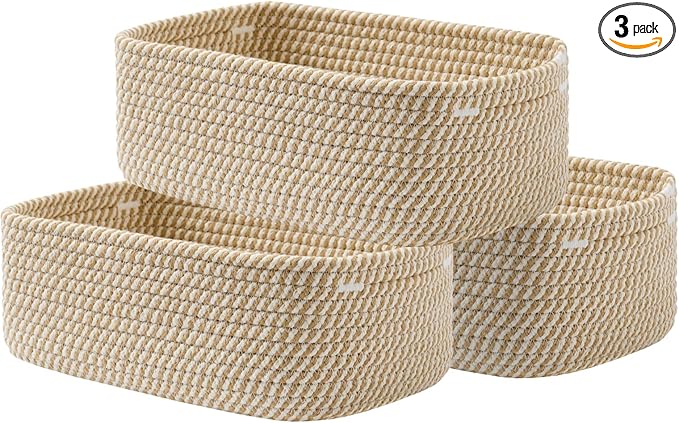 Small Woven Basket, 12 x 8 x 4.5 Inches, Storage Basket for Organizing, Cute Small Rope Shelf Closet Cube Storage Bins Baskets for Shelves, Dog Toy Gift Baskets Empty, 3 Pack Brown
