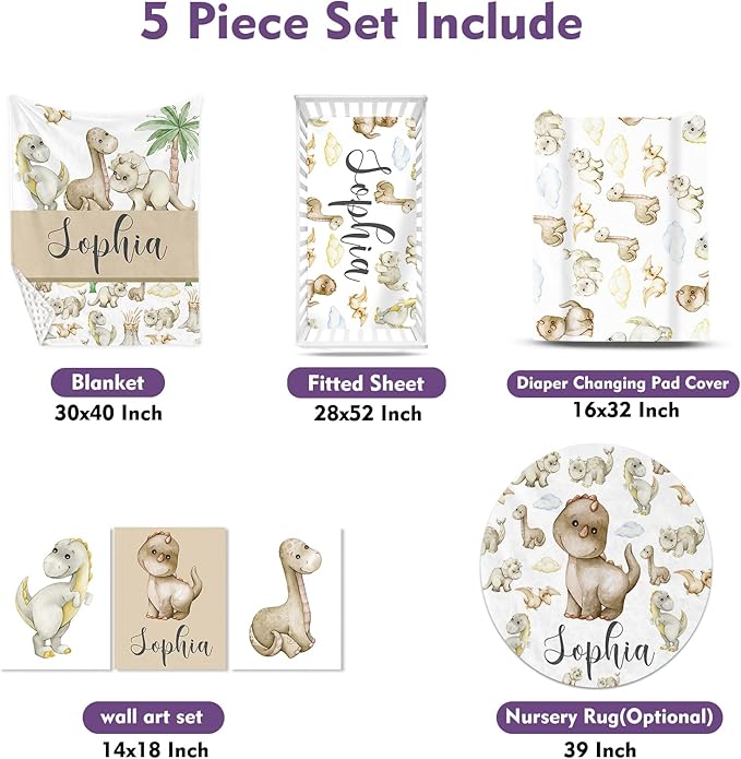 Personalized Baby Crib Bedding Set, 5-Piece Cute Dinosaur Baby Crib Sets with Custom Name, Toddler Double Layer Blanket Fitted Sheets Changing Pad Cover Rug Wall Art Set, Charming Nursery Decor