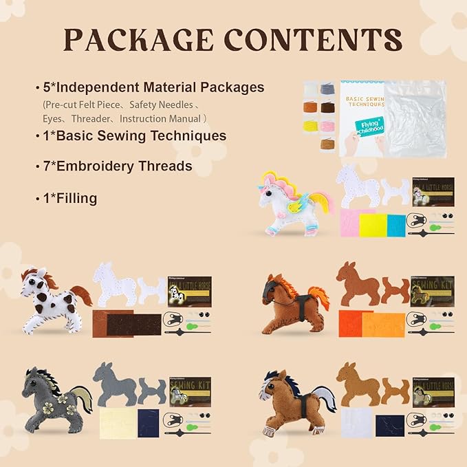Sewing-Kit for Kids Ages 8-12, Horse Craft Sew Your Own Stuffed Animal of 5 DIY Projects, Unicorn Pony Toy Gift for Girls Boys