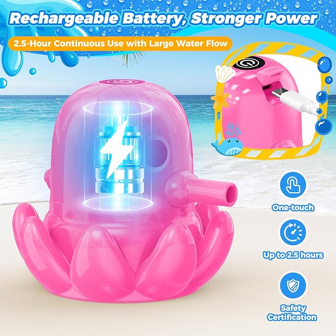 Water Table Pump Octopus, Cordless Rechargeable Pump for Water Tables with Magnetic Mounting, No Drill Installation, Durable Outdoor Water Play Accessories for Kids & Toddlers (Pink)