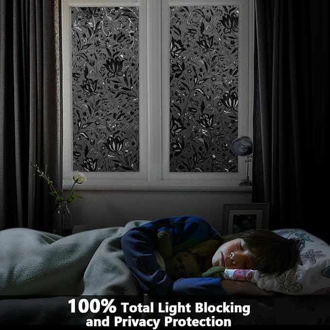LEMON CLOUD Total Blackout Window Film Privacy Static Cling Frosted Black Window Covering 100% Opaque Film Tint Darkening Removable Film for High Privacy，(Blackout Tulip Design,35.4 x157.4 inches)