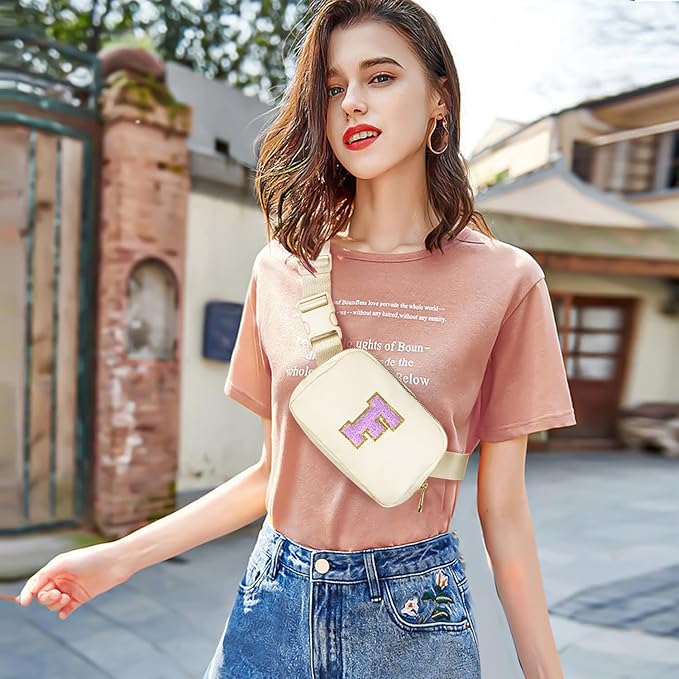 Gitus Gifts for 8 9 10 11 12 Year Old Girls Belt Bag Fanny Pack Crossbody Bags with Initial Letter Patch Cute Stuff Birthday Gifts for Teen Girls Women Personalized Trend Stuff (Ivory-F)