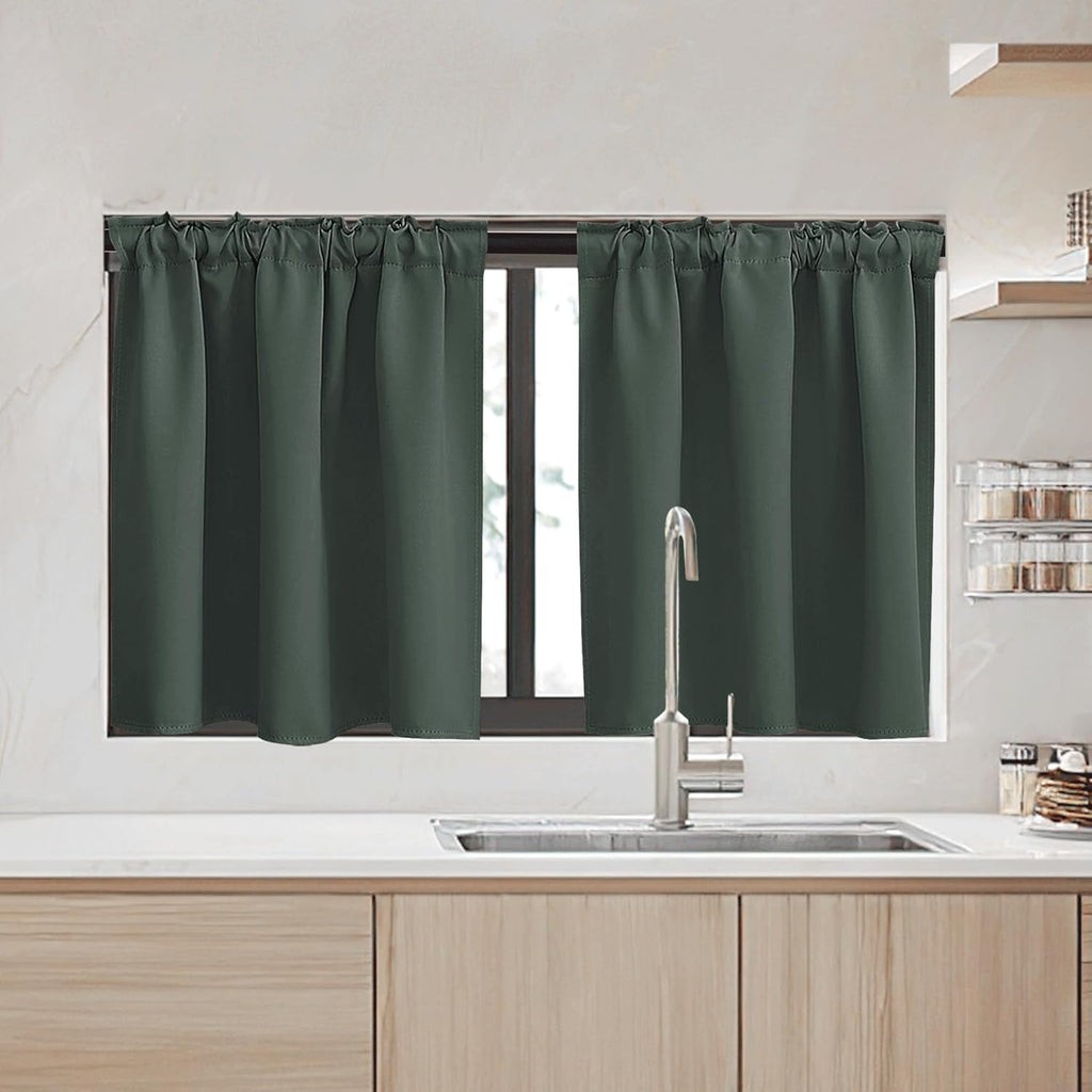 RYB HOME Dark Green Small Blackout Window Curtains - Insualting Privacy Curtains for Kids Bedroom Kitchen Bathroom Basement Cafe Cabinet Tiers Drapes, 34 Width x 24 Length, 2 Panels