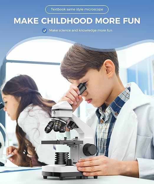 Compound Microscope for Adults & Kids - 100X-2000X High-Power Biological Microscope for Students, School Lab & Home Education, with Slides Set & Phone Adapter (White)