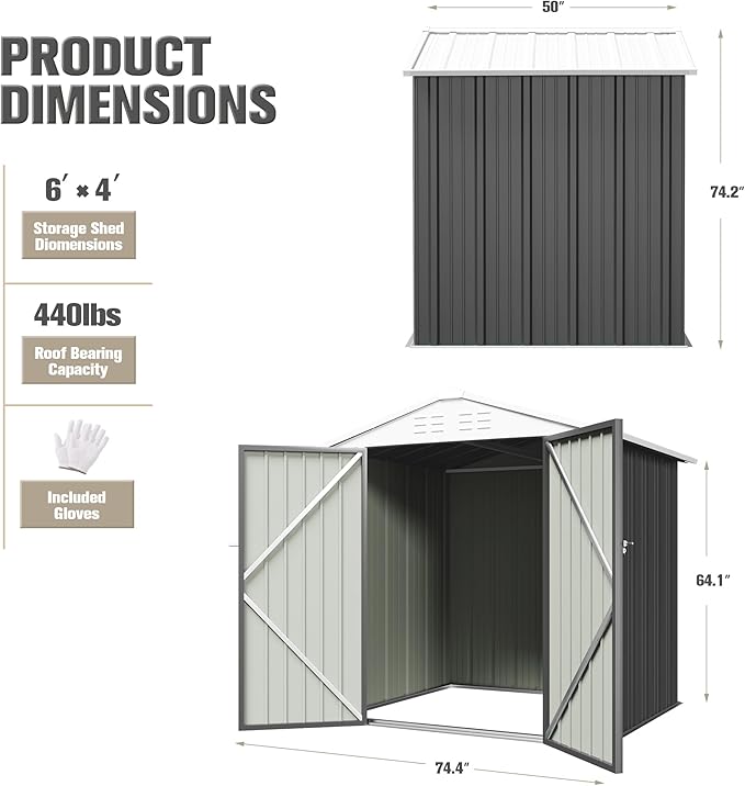 JUMMICO Metal Outdoor Storage Shed 6 x 4 FT Metal Shed with Lockable Door,Waterproof Garden Tool Shed Storage House for Backyard Patio Lawn,Grey