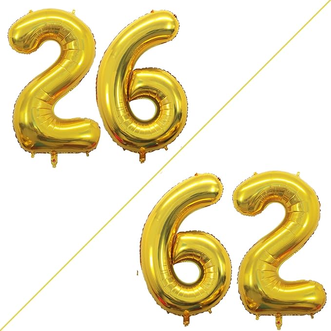 GOER Number 26 Balloons for 26th Birthday Party Decorations,42 Inch Jumbo Foil Helium 62 Balloons for 62nd Birthday Party Decoration (Gold)