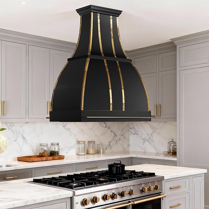 CHETTO C Stainless Steel Range Hood Cover with 4-Speed Vent Hood Insert Custom Handmade Metal Kitchen Fan with Towel Rack LED Light 54"W x27"D x51"H Black Island Mount