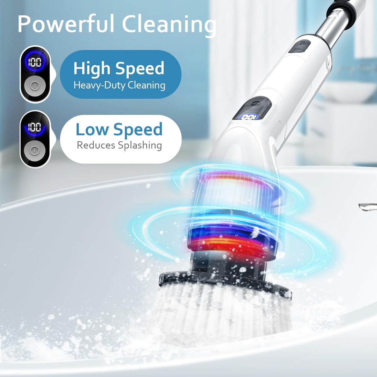 TUYU Electric Spin Scrubber, Full-Body IPX7 Waterproof Bathroom Scrubber with Power LCD Display, 8 Replacement Head, Adjustable Extension Handle, Cordless Shower Cleaner Brush for Bathtub Cleaning
