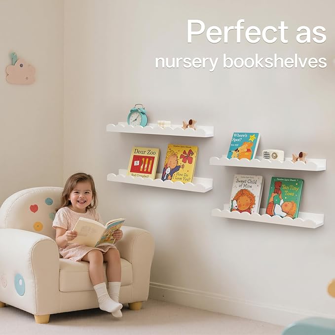 Scalloped Baby Book Shelf,Floating Shelves for Wall Set of 4 Solid Pine Wood Nursery Bookshelves with Wave Lip for Bedroom Kids, Toddler Room, Baby Room, Nursery Decor(White,40cm)