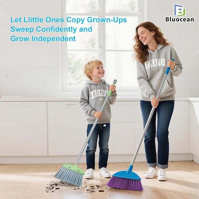 28′′ Mini Broom and Dustpan Set for Kids-Ideal Kids' Toys as Gifts, Parent-Child Interactive Cleaning Tool, Cute Cartoon Design, Household Helper for Toddlers, Small Safe Corner Broom (Green Sprout)