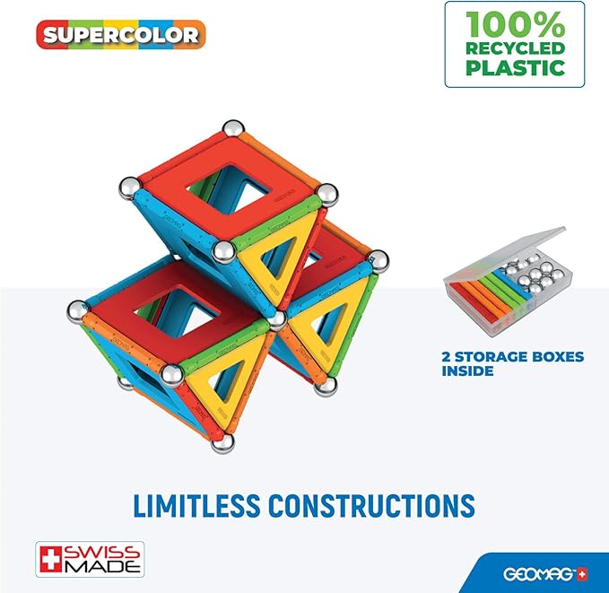 Geomag Supercolor Magnetic Toys for Kids Ages 5+, 78pc Educational STEM Magnets for Kids - Swiss-Made Magnetic Blocks, Tiles and Building Toys from 100% Recycled Plastic