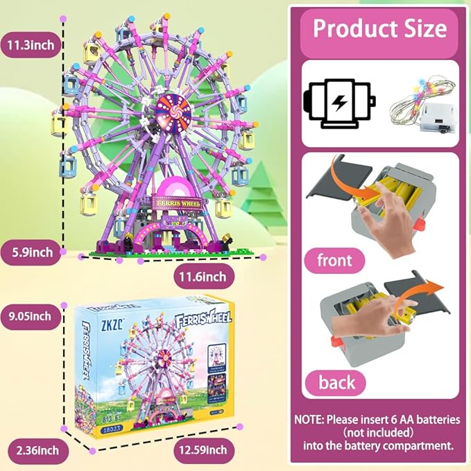 Rotating Ferris Wheel Building Blocks Kit with Lights Amusement Park Building Construction Toys Set for 6+ Year Boys Girls Birthday Gift, for Children 813pcs