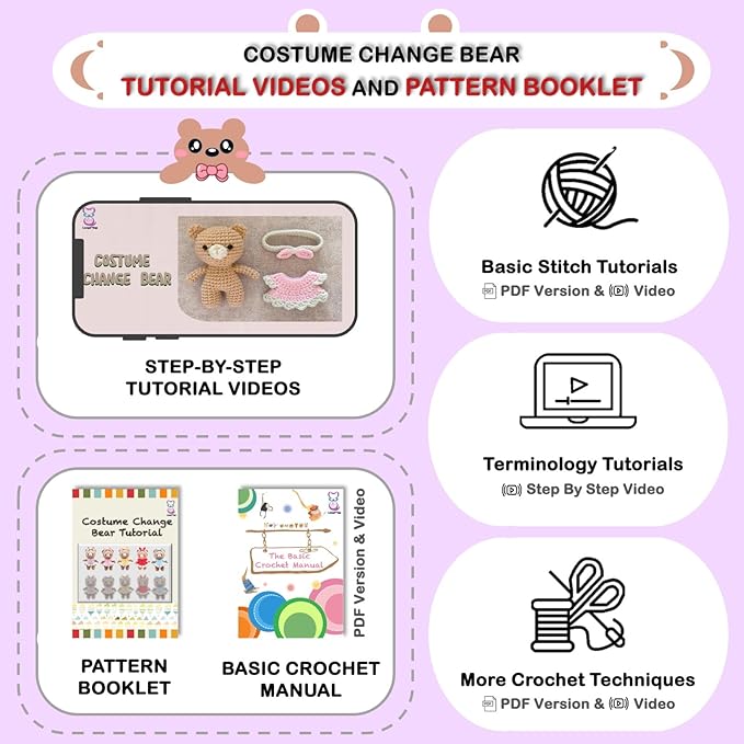 LoopMap Crochet Kit for Beginners - DIY Amigurumi Bear with Removable Dress & Accessories - Step-by-Step Video Tutorials, Extra Yarn, Crochet Tools, Handmade Gift for Kids & Adults (Bear K01, Purple)