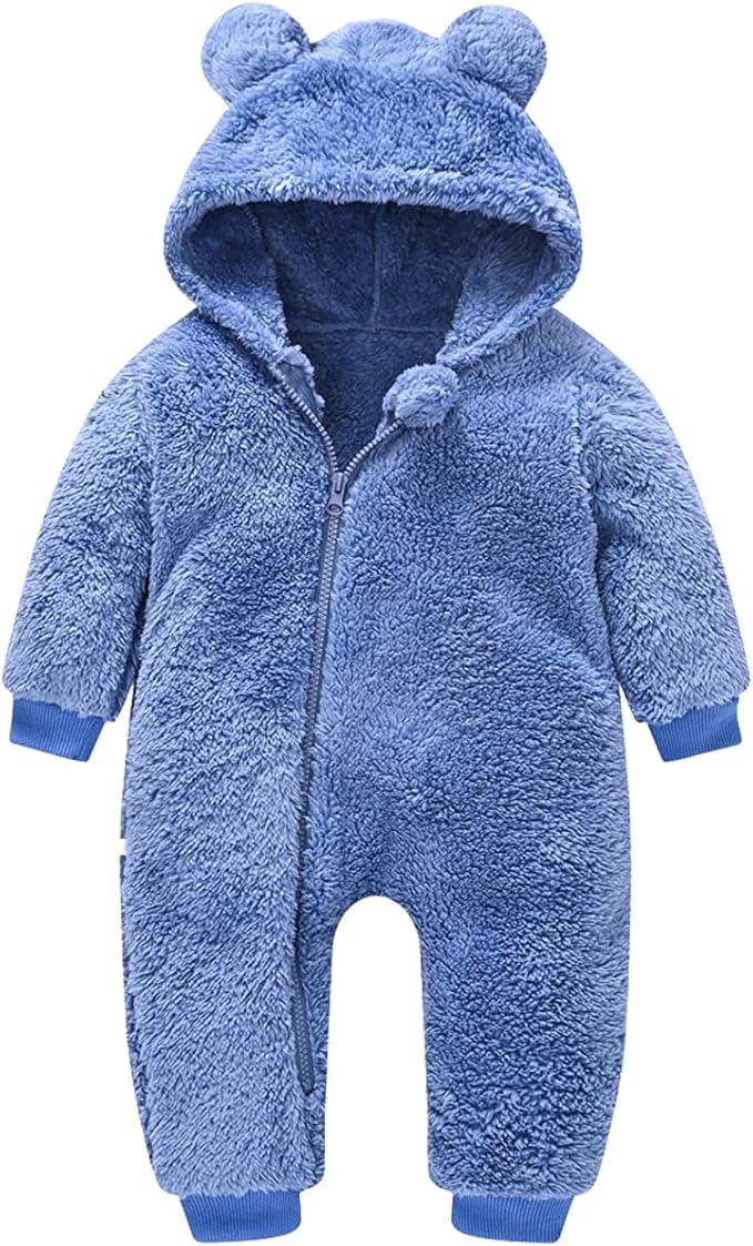 Baby Fleece Jumpsuits Infant Bear Ear Snowsuit Newborn Hooded Romper Warm Coat