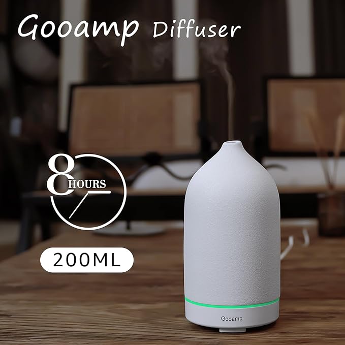 200ML Ceramic Essential Oil Diffuser - Ultrasonic Aromatherapy & Humidifier with 7-Color LED Lights, Auto Shut-Off, White, 1H/3H/6H Timer | Scent for Home,Office,Yoga