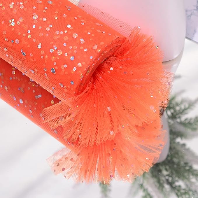 Glitter Tulle Rolls, 6' by 50 Yards (150FT) Sequin Tulle Netting Fabric for Tutu Skirts Sewing Birthday Wedding Party Decoration (Orange)
