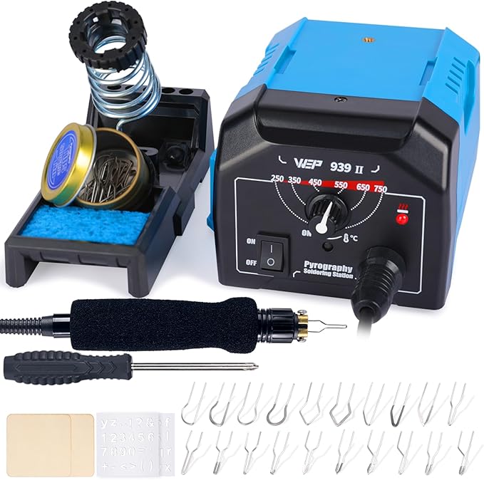 WEP 939-II Pyrography Station Wood Burning Kit 32-IN-1 with 20 Wood Burner Tips Comfort Pen with 2 Letter Number Stencils, 2 Unfinished Wood, 1 Pen Holder Woodburning Tools