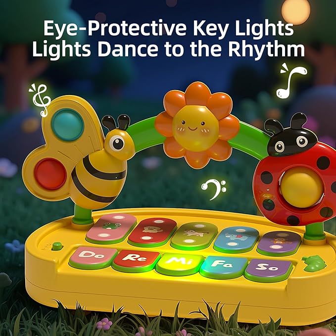 Baby Piano Toy for Kids 0-6-12-18 Months, Light Up Baby Keyboard Musical Toy with Press Pop Bubbles, 4 Modes Toddler Piano for Boys Girls Ages 1-3, Detachable & Portable Infant Toy Gift