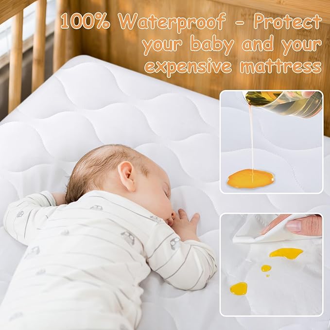 Yoofoss Waterproof Crib Mattress Protector, Quilted Infant Mattress Pad Cover Soft and Breathable, Machine Washable Toddler Mattress Protector for Standard Baby Crib Size 52''x28''