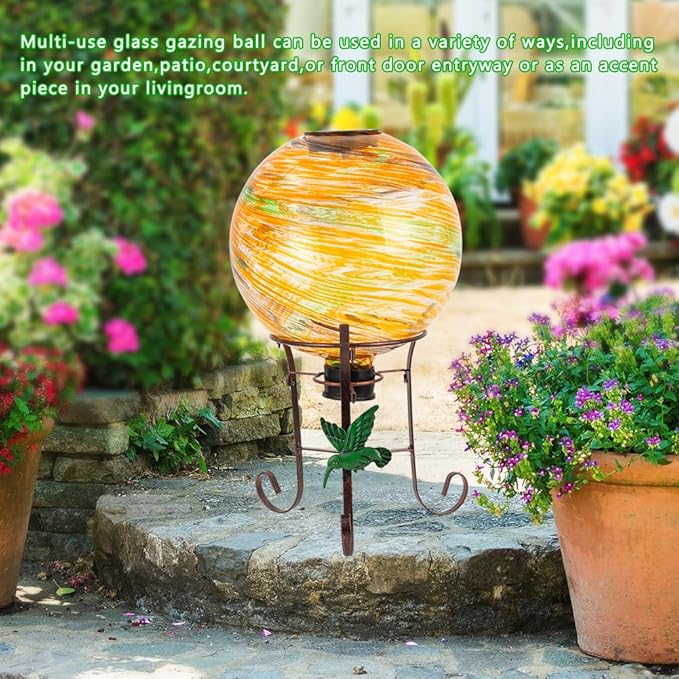 10" Diameter Solar Gazing Ball and 8.5" Metal Stand Indoor Outdoor Garden Ornament Glass Globe Sphere Yard Art Gazing Globe for Garden,Home,Lawn,Porch,Patio Birthday Gift for Women(Orange)