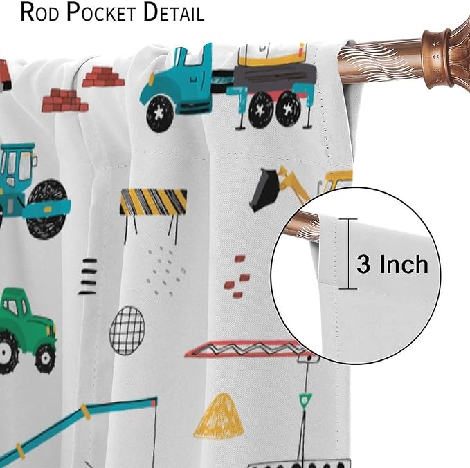 Construction Window Curtains, Kids Cartoon Construction Machines Building Hand Drawn Doodle Rod Pocket Decorative Windows Curtain for Children Teens Room Decor 42x45in (30% Blackout)