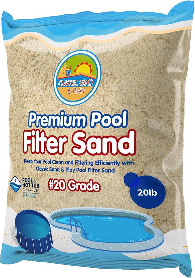 CLASSIC SAND & PLAY Swimming Pool Filter Sand for Above & Inground Pools, 20 lbs, Supports Residential and Commercial Filtration Systems, Premium Efficient Silica, No Clogging or Clumping, #20 Grade