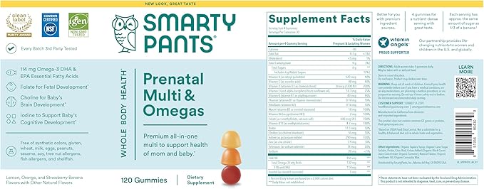 SmartyPants Prenatal Vitamins for Women, Multivitamin Gummies: Omega 3 Fish Oil (EPA/DHA), Biotin, Methylfolate, Vitamin D3, C, Vitamin B12, B6, A, K & Zinc, Inositol, 120 Count (30 Day Supply)