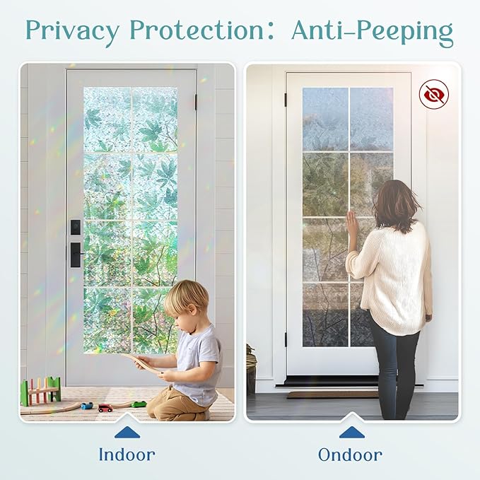 Haton Window Privacy Film, Decorative Stained Glass Window Clings, 3D UV Sun Blocking Sticker, Removable Static Cling Heat Control Tint for Home Door, Leaf Rainbow, 35.4" x 78.7" Non-Adhesive