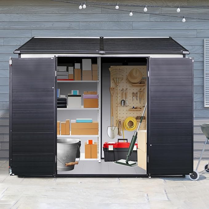 8x6 FT Outdoor Storage Shed, Resin Garden Shed with Thick Floor, Plastic Storage Shed with 2 Windows, Waterproof Outside Tool Shed with Lockable Hinged Doors for Backyard, Patio, Lawn, Black+White