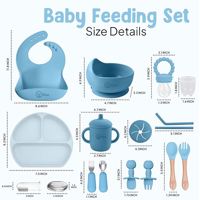 O'doe 17-Piece BPA-Free Silicone Baby Feeding Set | Thick & Soft Suction Plates, Baby Bowls, Wooden Fork & Spoon, and More | Make Mealtime Fun and Easy for Your Little One (Blue, V2)