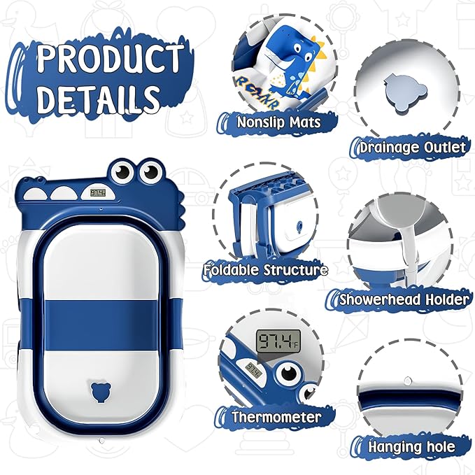 MoreFeel Collapsible Baby Bathtub for Newborn with Thermometer & 1 Hooded Towel & 1 Soft Floating Cushion,Portable Travel Bathtub with Drain Hole, Durable Foldable Baby Tubs for Infants to Toddler