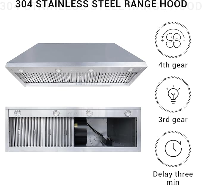 CHETTO C Stainless Steel Range Hood Cover with 4-Speed Vent Hood Insert Custom Handmade Metal Kitchen Fan with Towel Rack LED Light 54"W x27"D x51"H Black Island Mount