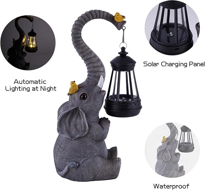ILLUMINEW Solar Outdoor Garden Decor Elephant Statues Lights, Lucky Elephant Unique Mom Birthday Gifts for Mom, Housewarming Gifts and Yard Decoration, Cute Birds Garden Sculpture Decor