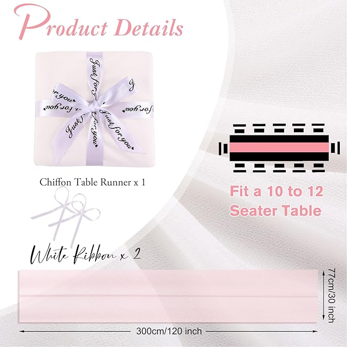 10ft White Chiffon Table Runner 30 x 120 Inches Romantic Sheer Table Runners for Wedding Party Bridal Baby Shower Birthday Holiday Decorations