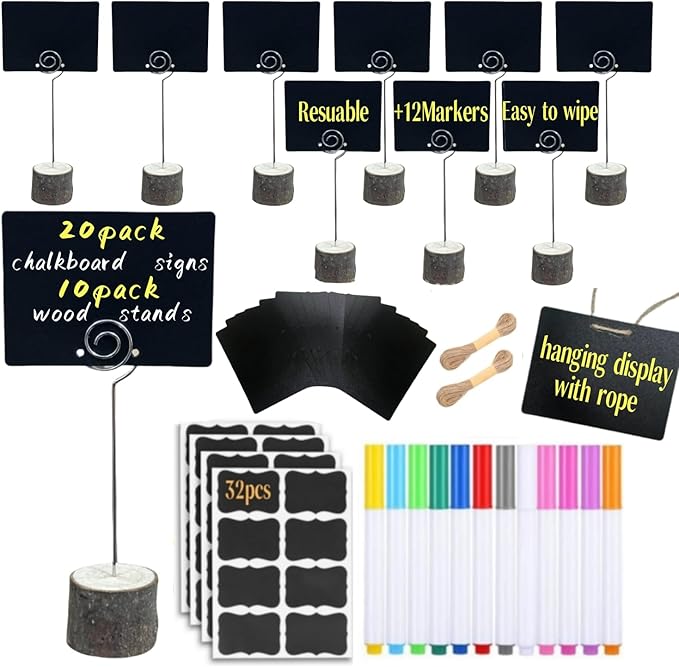 20 Pack Mini Chalkboard Signs Food Tags for Party Buffet with 10 Wooden Stands, Reusable Hanging Chalk Boards for Weddings Bakery Birthday Place Cards, Table Numbers