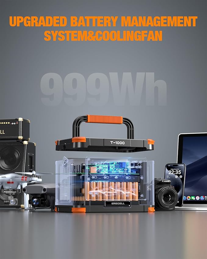 GRECELL 999Wh Solar Generator 1000W, Portable Power Station with 60W USB-C PD Output, 110V Pure Sine Wave AC Outlet Backup Lithium Battery for Outdoors Camping Travel Hunting Home (Peak 2000W)