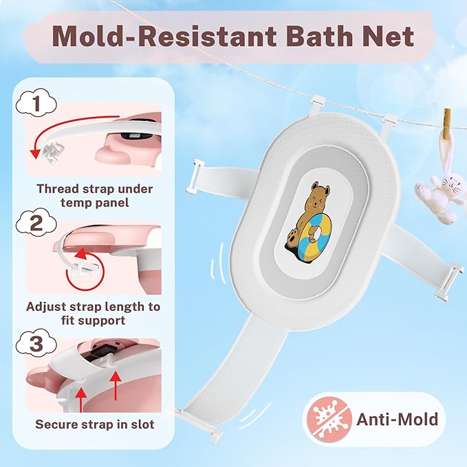 AVIDOR Baby Bathtub,Collapsible Bathtub for Newborn to Toddler,Durable Essential Infant Bath Tub,Portable Travel Baby Tub with Soft Cushion,No-Slip Hanging and Detachable(Pink)