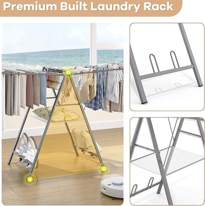 APEXCHASER Clothes Drying Rack Foldable, Metal Laundry Drying Rack Collapsible, Portable Compact Clothes Rack for Sweater Baby Clothes Towel Indoor & Outdoor, Height Adjustable Clothes Airer, Grey
