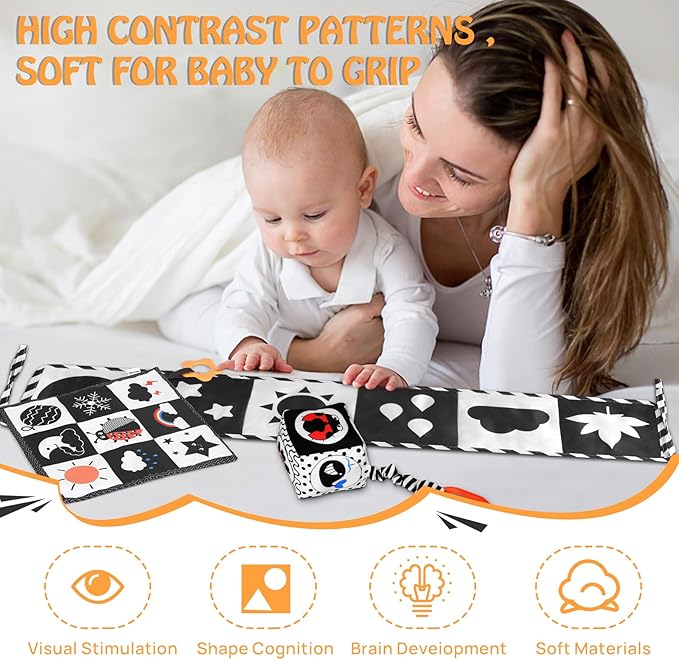 SAMMAS Black and White High Contrast Baby Toys 0-3 Months for Newborn Toys Infant Sensory Soft Book Infant Tummy Time Toys for Brain Development Montessori Learning Activities for Babies(3 Pcs)