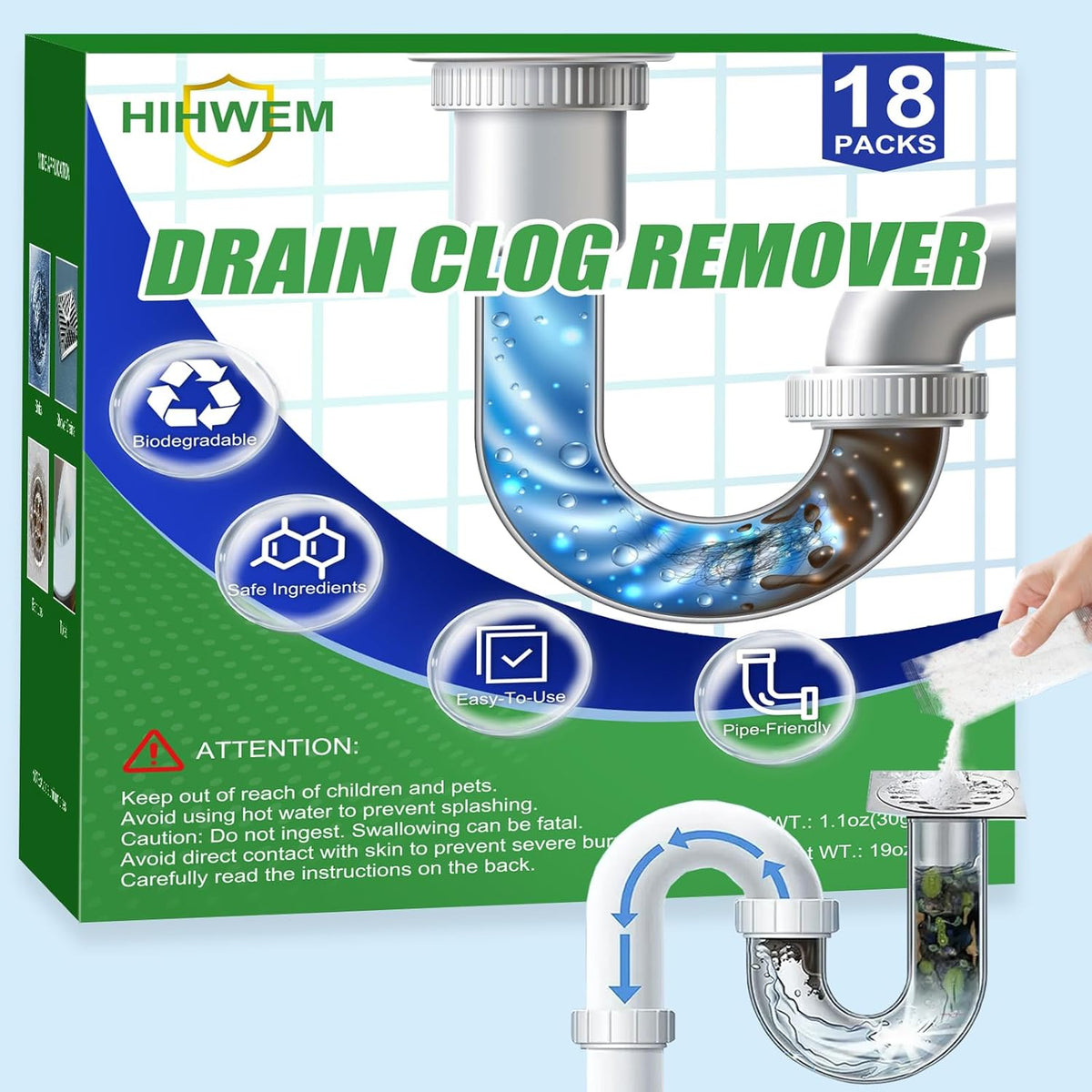 Drain Clog Remover Powder Sink Drain Cleaner for Hair and Grease, 18-Packs Heavy-Duty Powerful Kitchen Sink and Shower Unclogger, Pipe-Safe