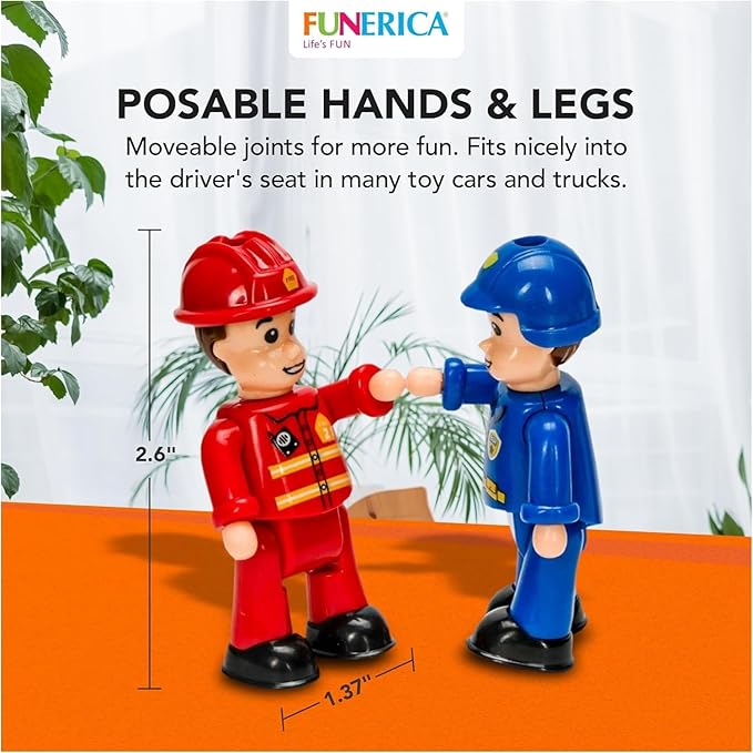 FUNERICA 10-Set Toy People Figures - Bendable Fireman, Police, Construction Workers, Community Helpers, Play Little People Toys Figurines Dollhouse Firefighter playset