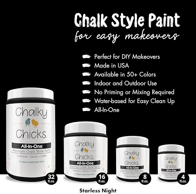 Chalky Chicks All-in-One Chalk Paint for Furniture or Cabinet - 4 Fl Oz - Matte Finish Starless Night Black for Metal, Wood Furniture Paint - No Sanding All-in-One for Home Decor & Crafts, USA Made