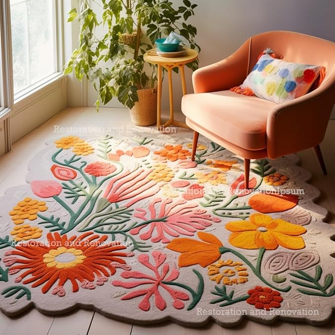 Handmade Wool Floral Area Rug for Living Room | Elegant Flower Garden Design, Soft, Thick and Durable | Bedroom, Dining Room & Home Decor Carpet (6' Round, Floral C)