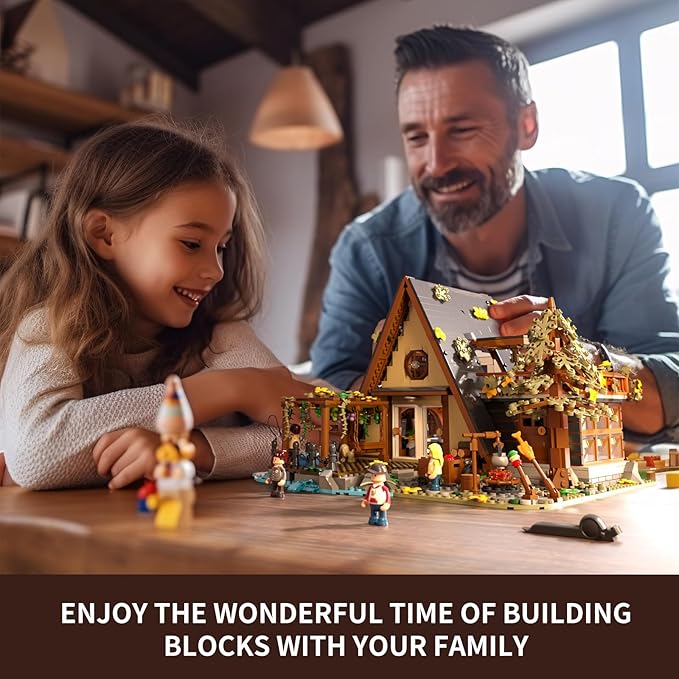FUNWHOLE A-Frame Cabin Lighting Building Bricks Set - 2061 PCS Adult Construction Building Model Set for Adults and Teen