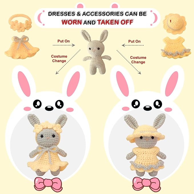 LoopMap Beginner Crochet Kit for Adults & Kids - DIY Amigurumi Bunny with Removable Dress & Accessories - Step-by-Step Video Tutorials, Extra Yarn, Crochet Tools - Handmade Gift (Bunny-Yellow)
