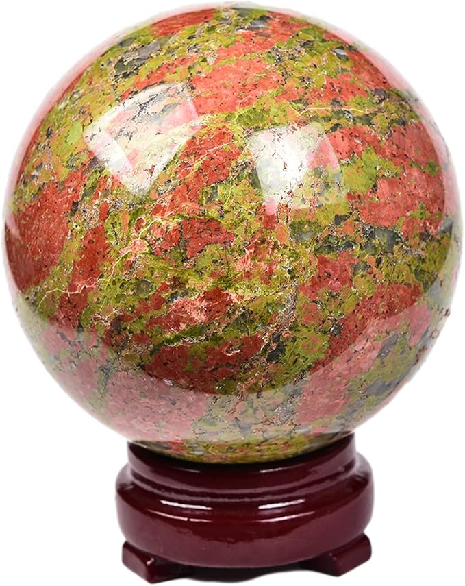 JIC Gem Healing Crystal Sphere Ball with Wood Stand Natural Unakite Rock Gemstone Sphere Crystal Orbs for Meditation Grid Decor (80-90mm)