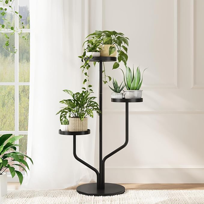 Bamworld Plant Stand Indoor Outdoor 3 Tier Metal Plant Shelf for Multiple Plants Pots Tier Tall Flower Holder for Living Room,Bedroom Decor,Balcony,Black