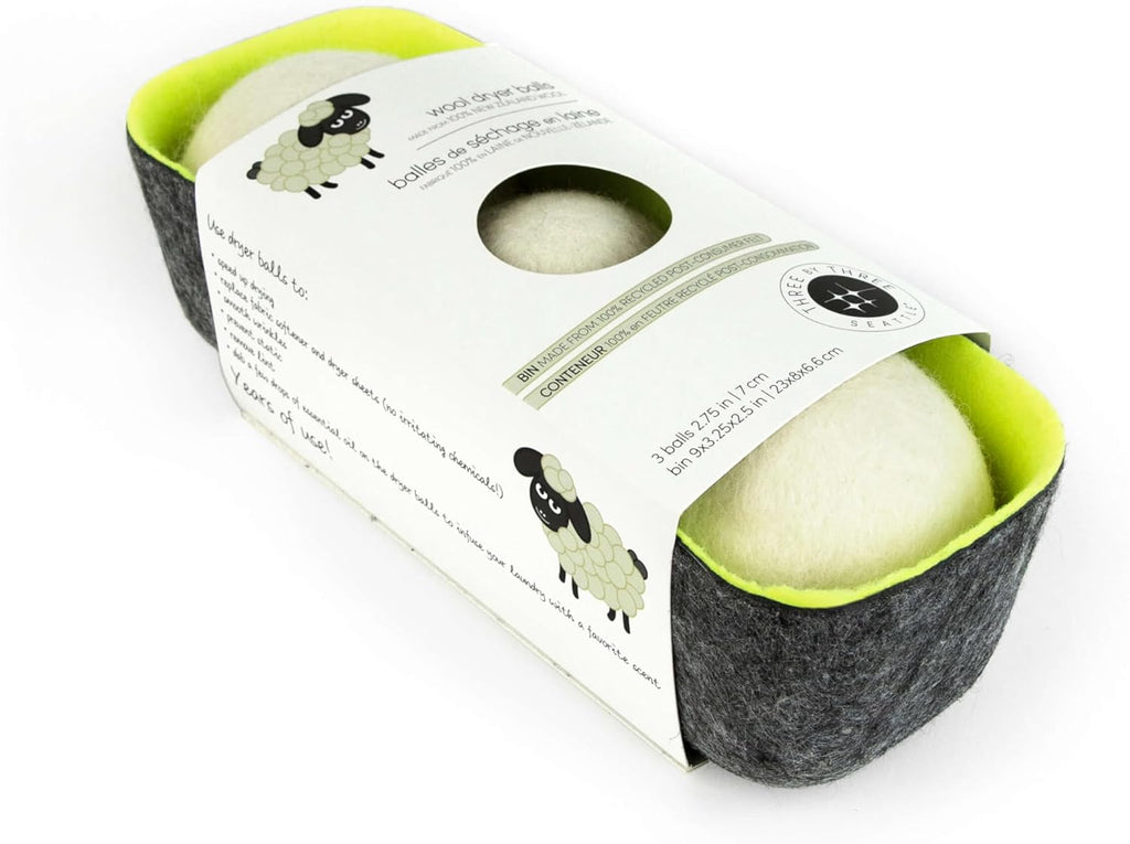 Three by Three Seattle Felt·Like·it!™ XL Wool Dryer Balls + Storage Bin: Reduce Drying Time, Static Cling, and Energy Use | Natural Alternative to Fabric Softeners | (Pack of 3 White Dryer Balls)